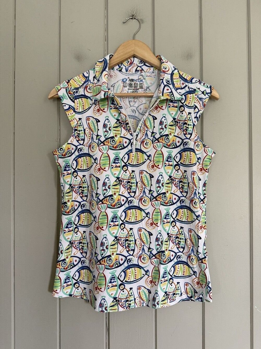 Ibkul Quarter Zip Top M Medium Collar Cap Sleeves Fish Print UPF 50+ Active Golf